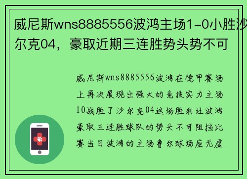 威尼斯wns8885556波鸿主场1-0小胜沙尔克04，豪取近期三连胜势头势不可挡 - 副本