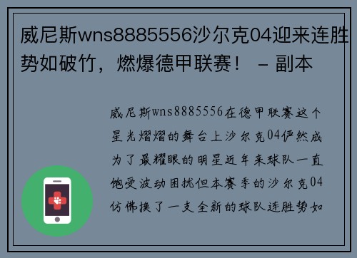 威尼斯wns8885556沙尔克04迎来连胜势如破竹，燃爆德甲联赛！ - 副本