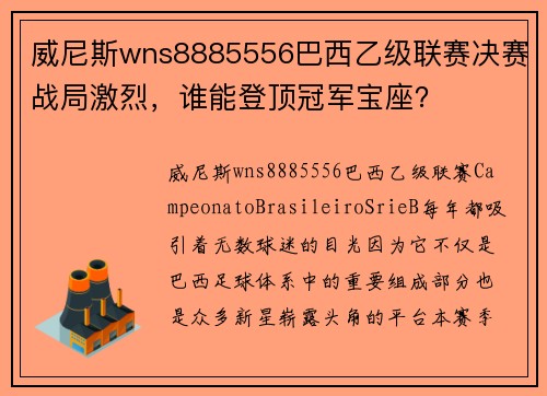 威尼斯wns8885556巴西乙级联赛决赛战局激烈，谁能登顶冠军宝座？