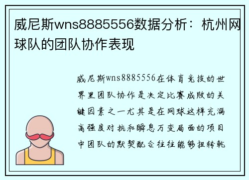 威尼斯wns8885556数据分析：杭州网球队的团队协作表现