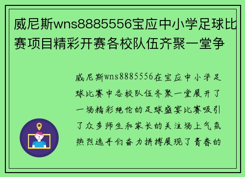威尼斯wns8885556宝应中小学足球比赛项目精彩开赛各校队伍齐聚一堂争夺冠军荣耀